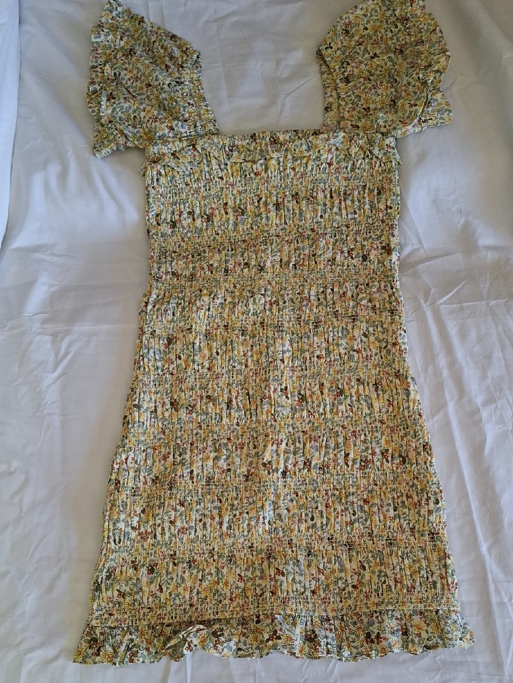 Storia Yellow Floral Smocked Mini Dress with Green and Orange Accents